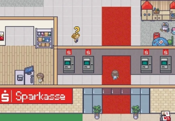 Man sieht einen Ausschnitt aus einem Computerspiel mit Figuren und Dingen aus einer Sparkassenfiliale, wie z.B. einen Geldautomaten.